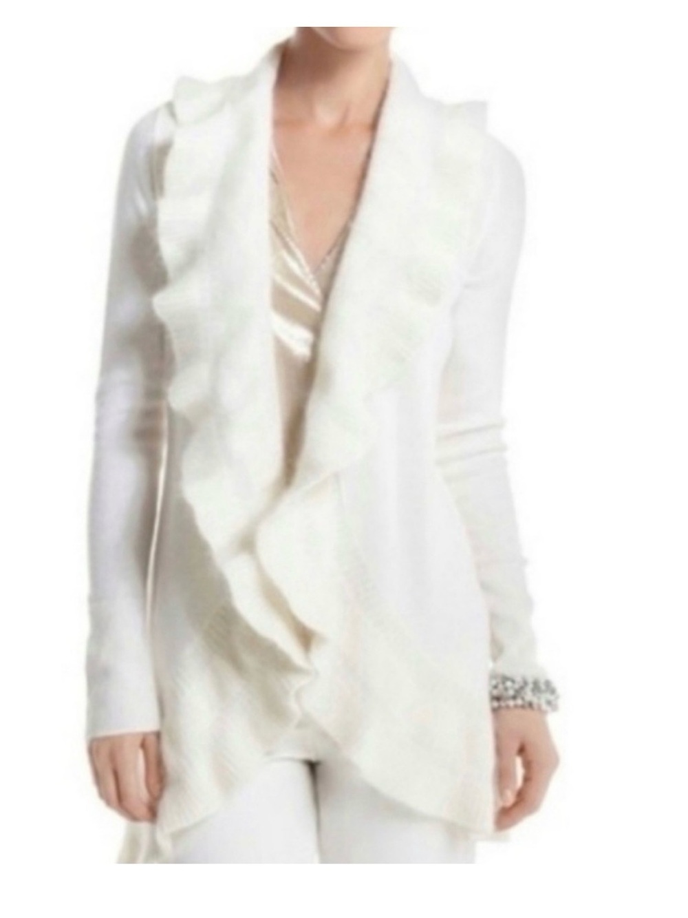 White House Black Market Cream Ruffle Open-Front Cardigan